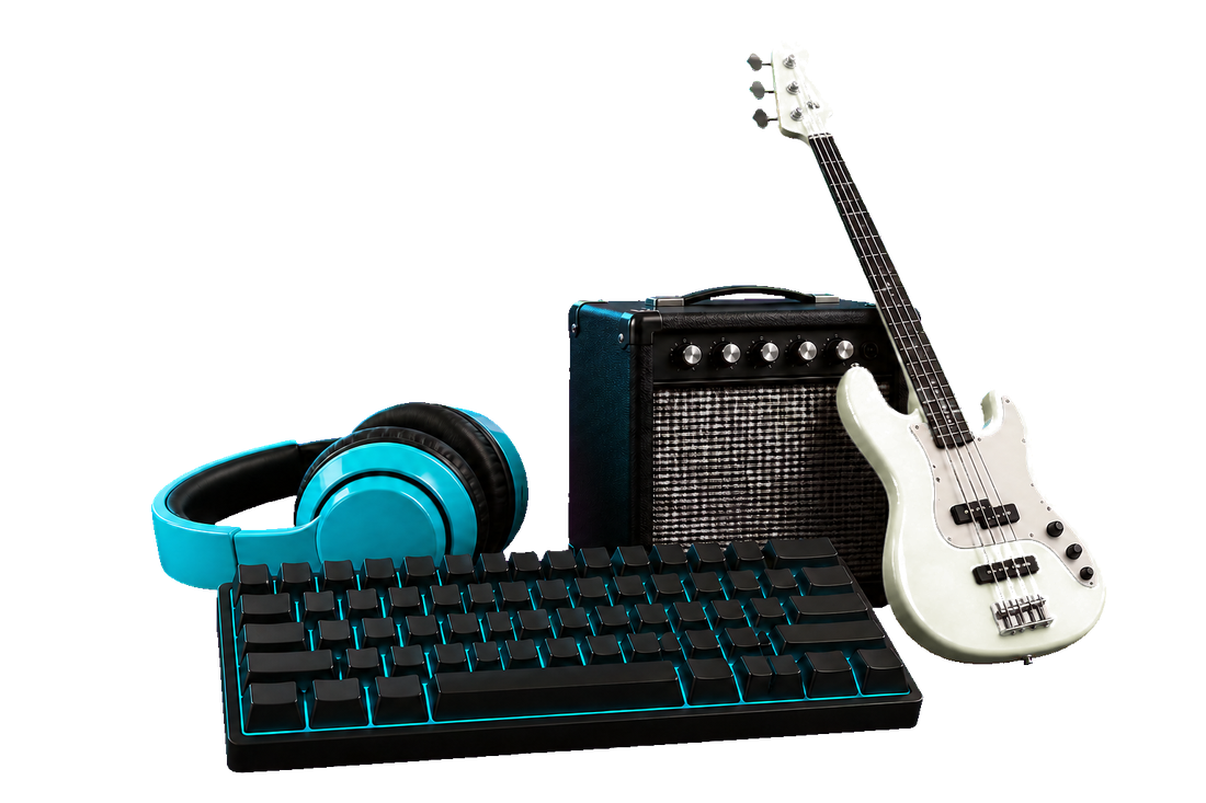 A mechanical keyboard, cyan headphones, a combo amplifier and a bass guitar.
