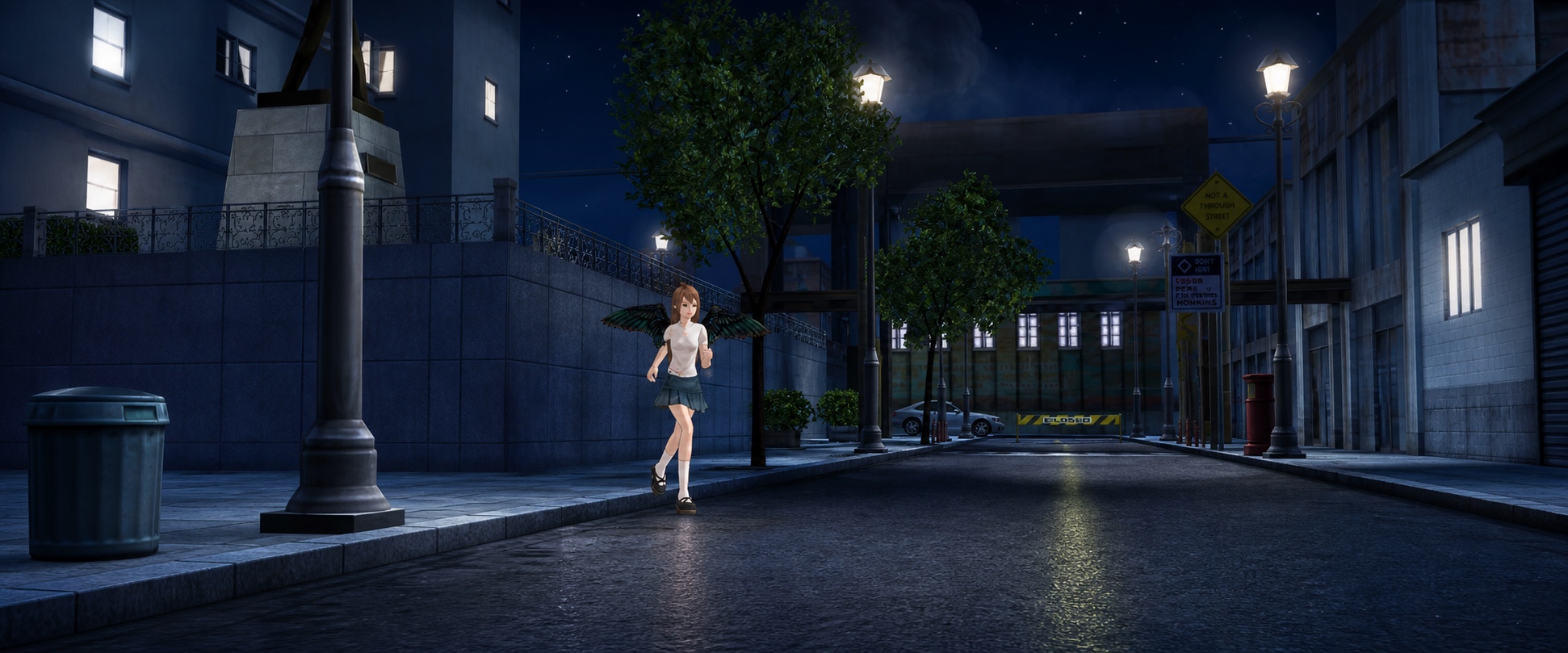 City Night — a player walking a quiet downtown street after dark under a street lamp.