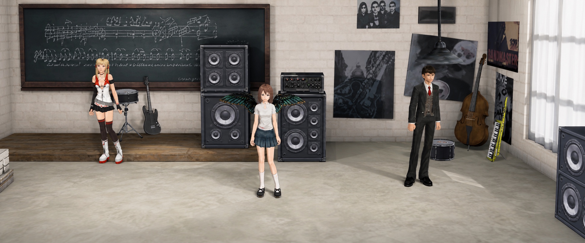 Band Center — players gathered in a rehearsal room lined with amps and a chalkboard of notation.